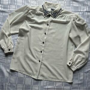 Koret White Long Sleeve Button Button front Blouse Embroidered Detail on Collar